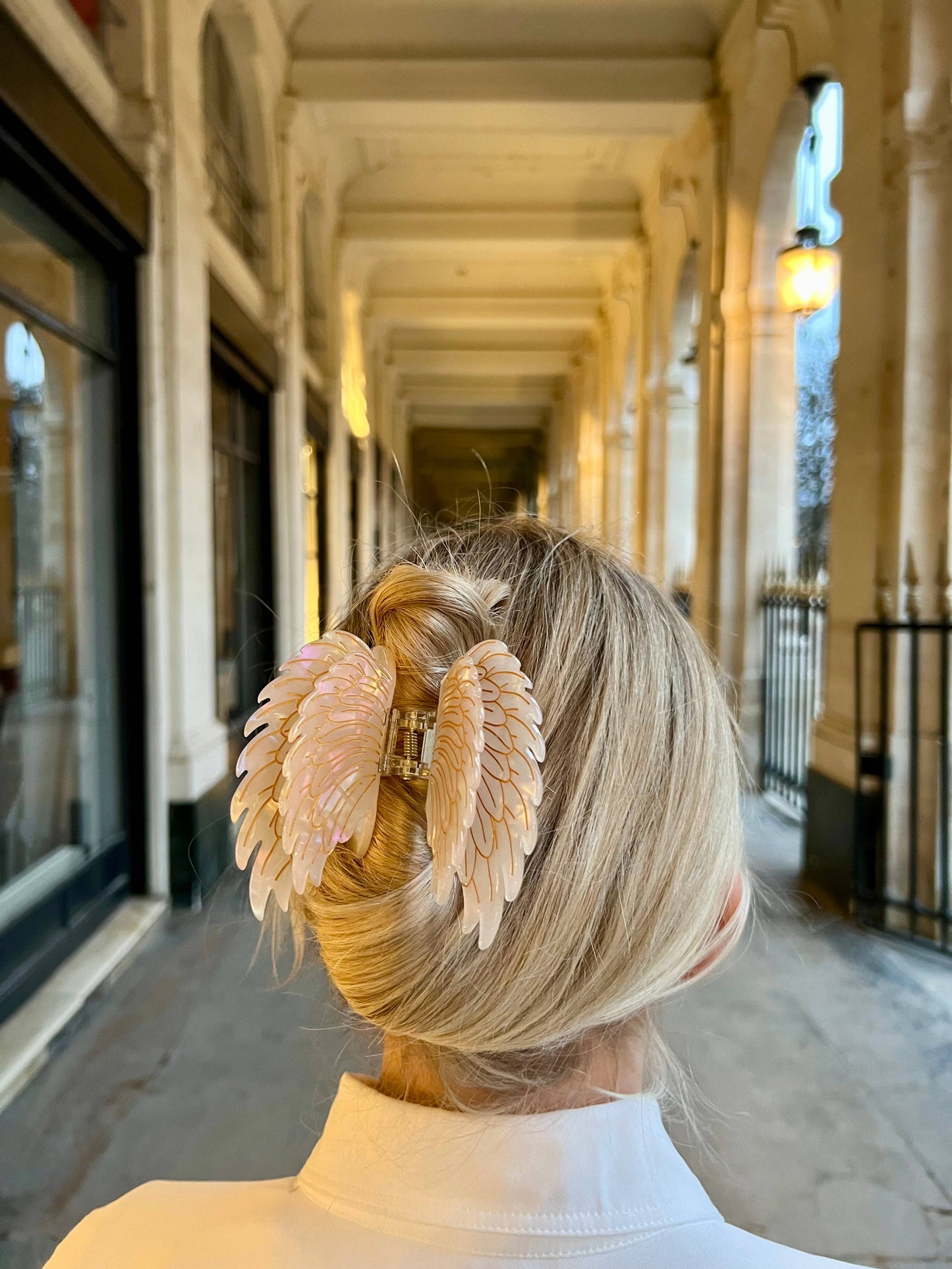 Solar Eclipse - Hand-painted Angel Wings Claw Hair Clip: Pearl