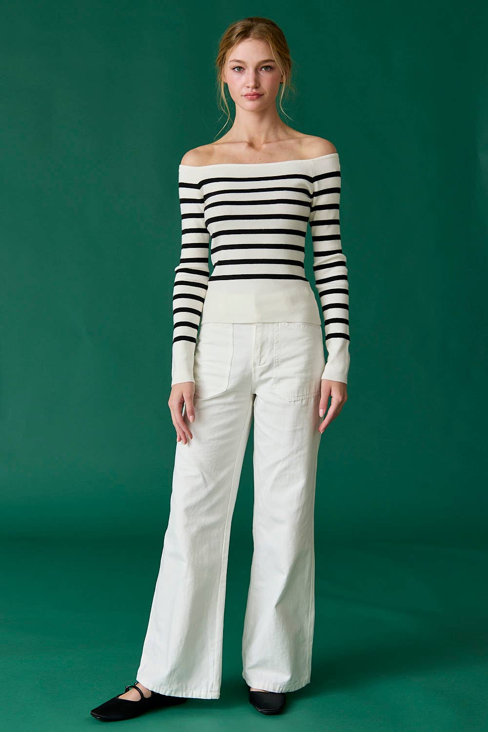 Bella Slim Fit Long Sleeve Striped Off the Shoulder