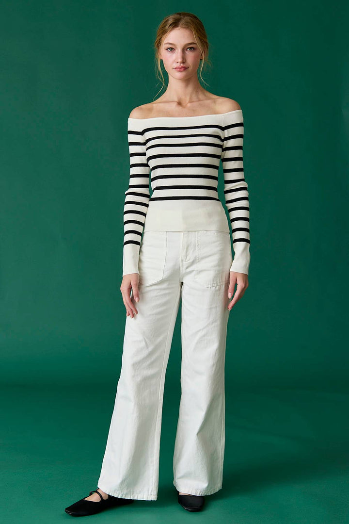 Bella Slim Fit Long Sleeve Striped Off the Shoulder