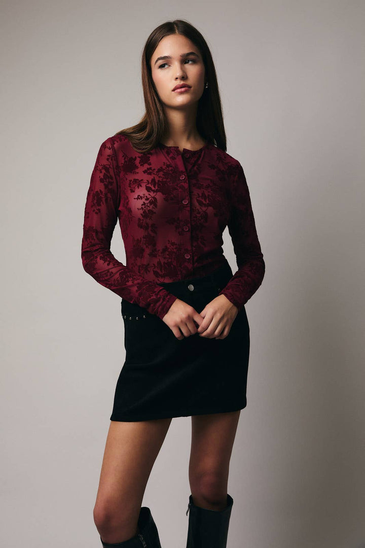 LONG SLEEVE BUTTON UP VELVET TOP