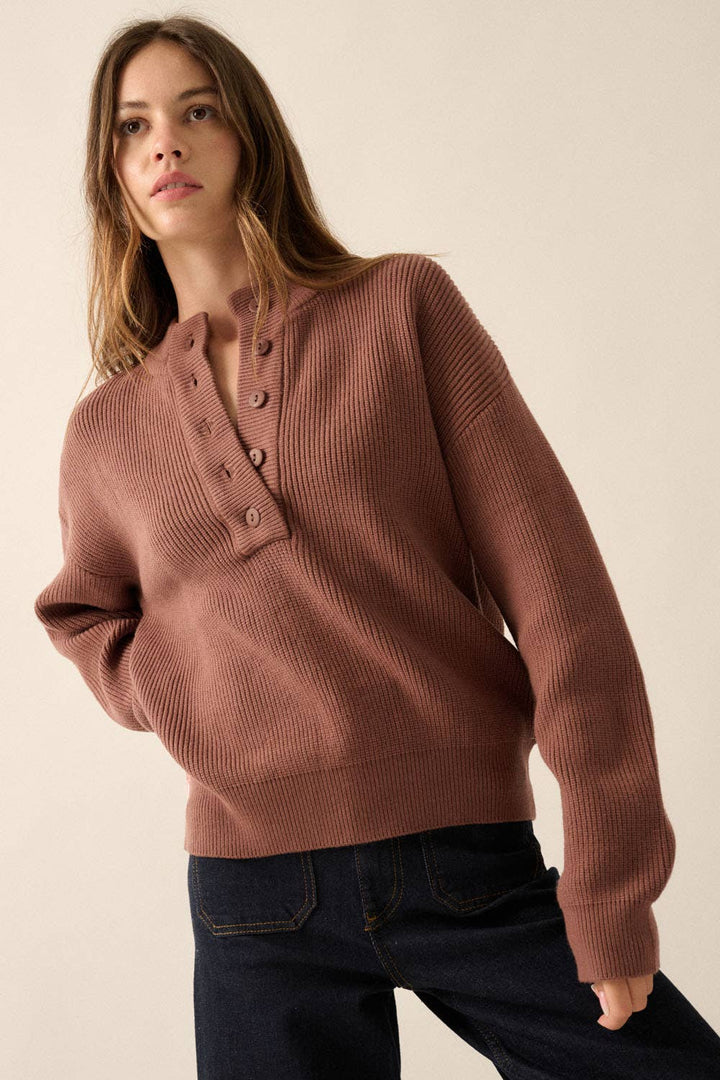 Solid Rib Knit Low Cut Collar Button Up Sweater: Cocoa