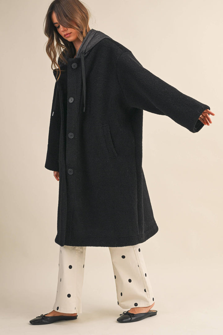 OVERSIZED DENIM CONTRAST HOODIE SHERPA COAT