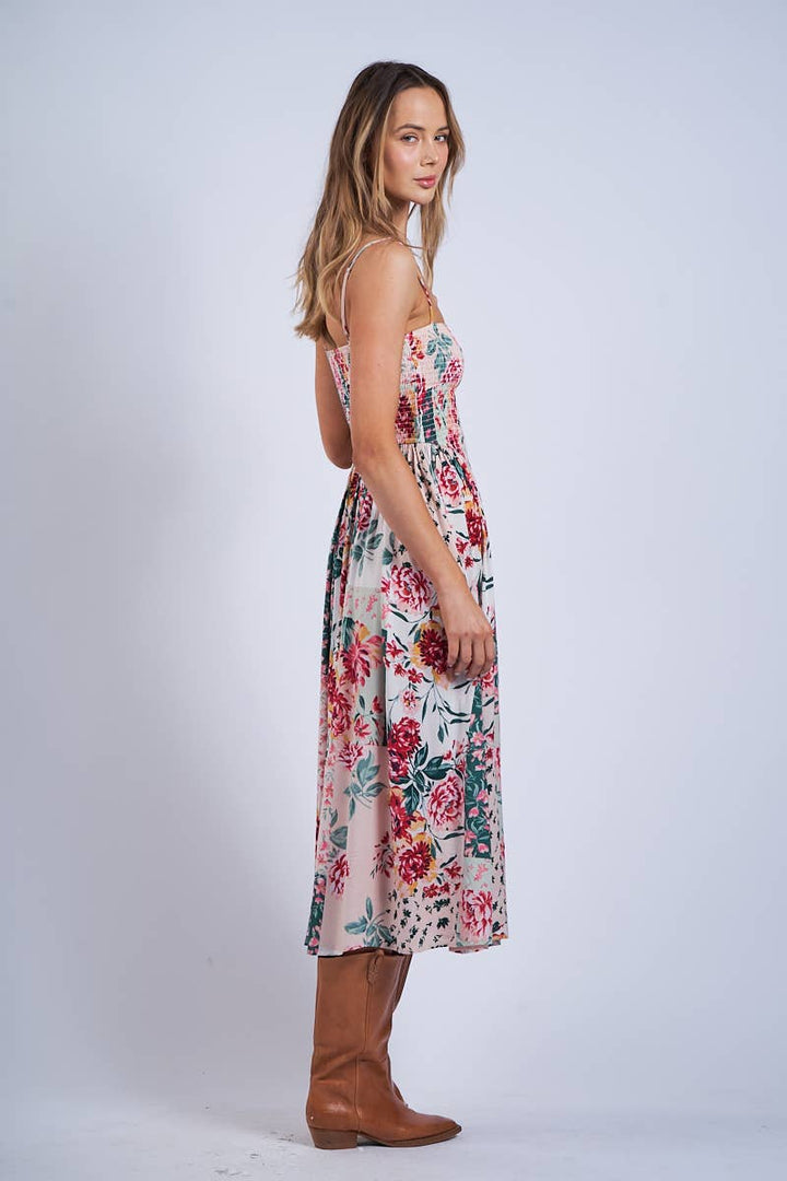 FLORAL PATCH PRINT SLEEVELESS SMOCKED MIDI DRESS