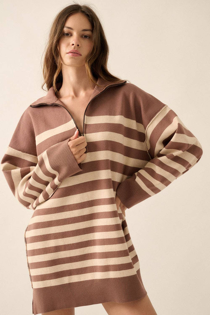 Striped Knit Collared Half-Zip Mini Sweater Dress: Cocoa-Oatmeal