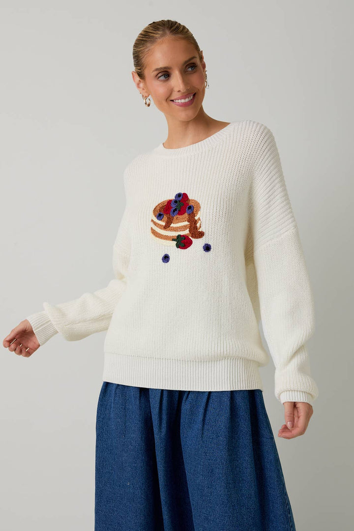 ROUND NECK LONG SLEEVE PANCAKE APLIQUE SWEATER