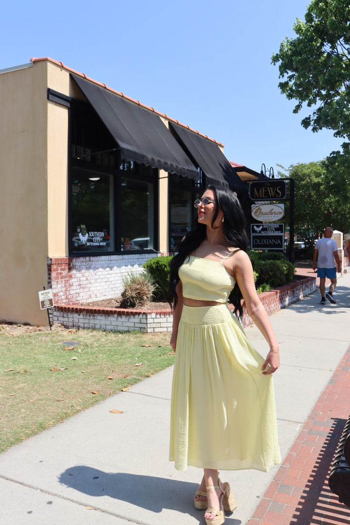 SMOCKED CROP TOP & HIGH WAISTED MIDI SKIRT