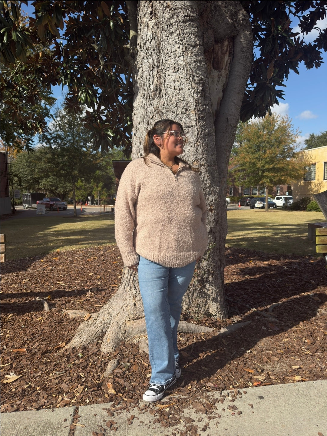 Taupe Half Zipper Textures Sweater Top