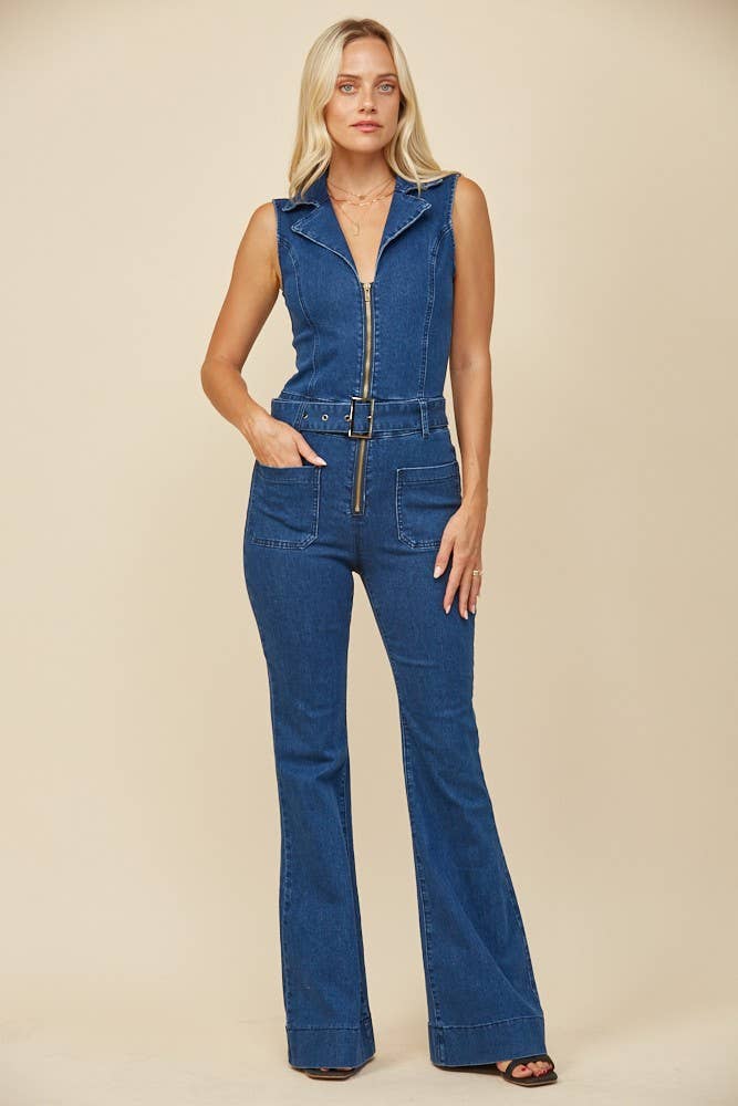 SLEEVELESS LONG DENIM BELTED JUMPSUIT