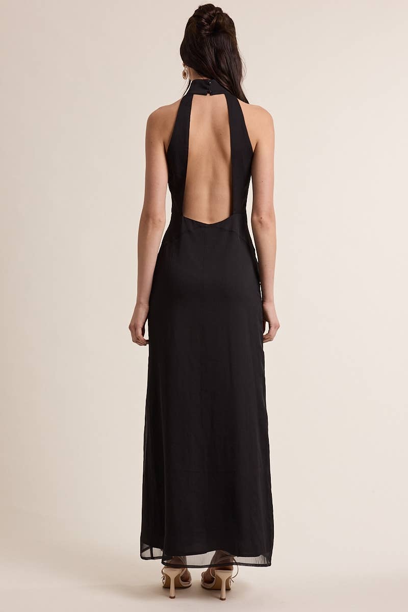 MESH SCARF POINT CUT OUT COCKTAIL MAXI DRESS:
