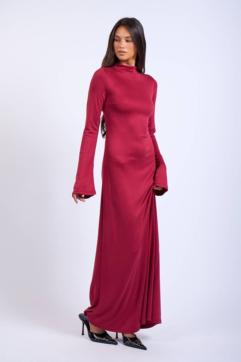 SOLID LONG SLEEVE OPEN BACK DOUBLE TIES MAXI DRESS ( Valentines)