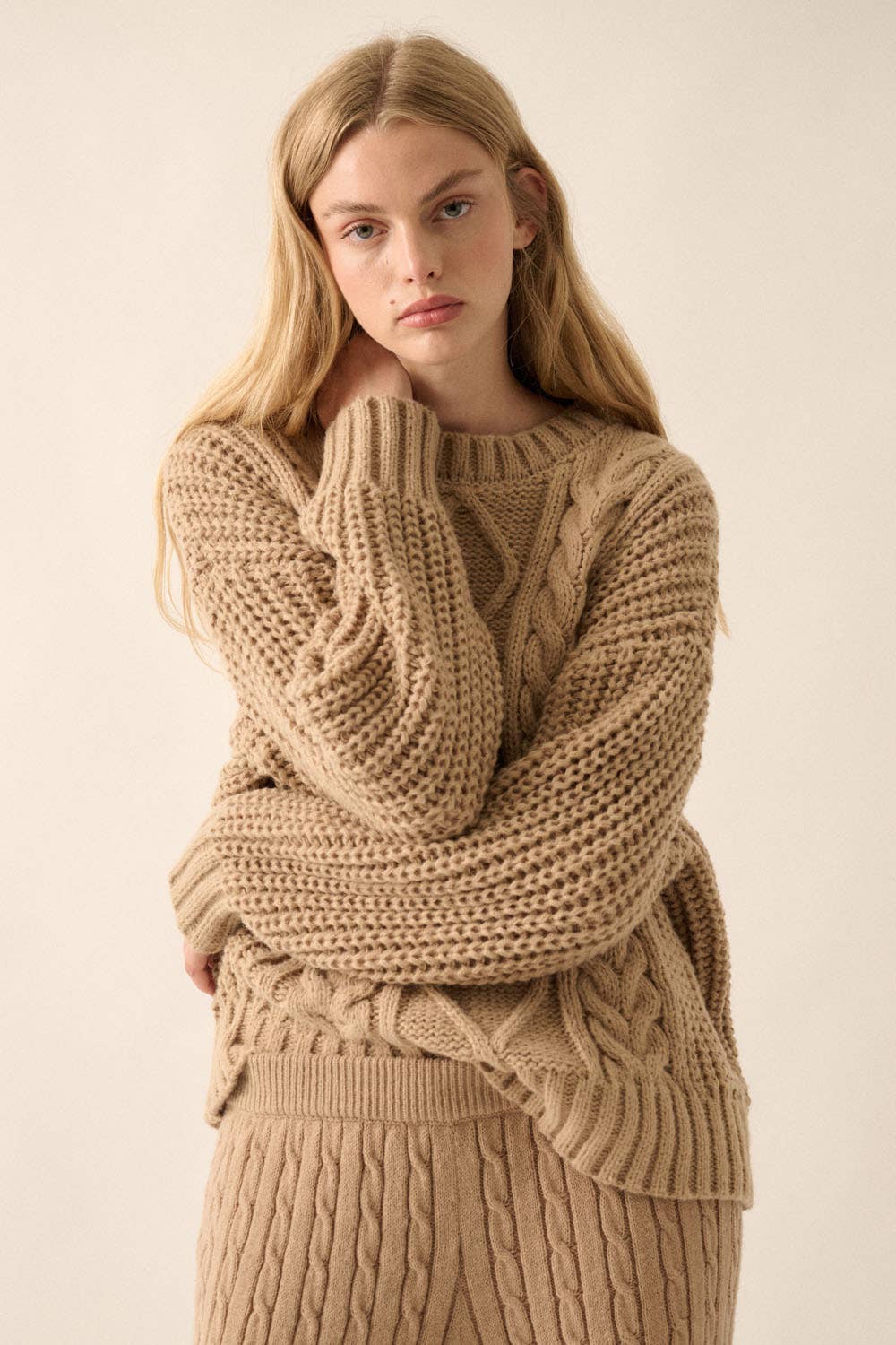 Solid Cable Knit Loose-Fit Sweater