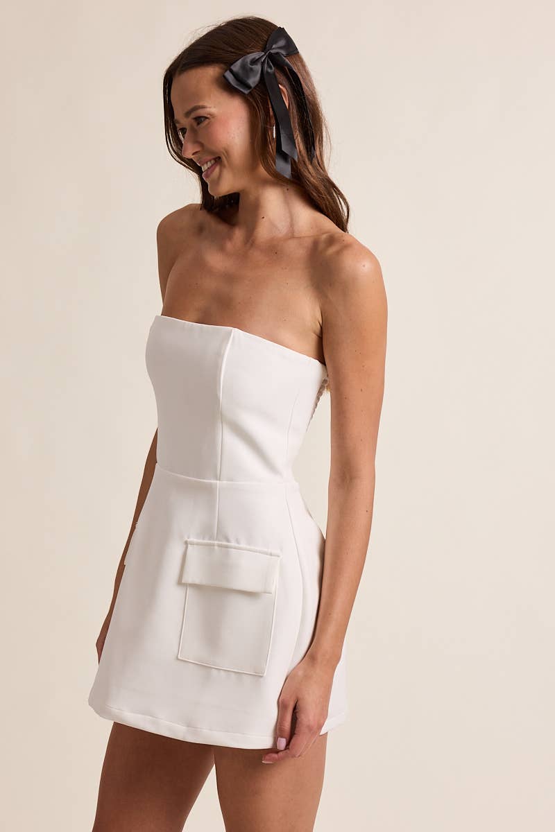 SOLID COLOR FRONT POCKET A-LINE TUBE MINI DRESS