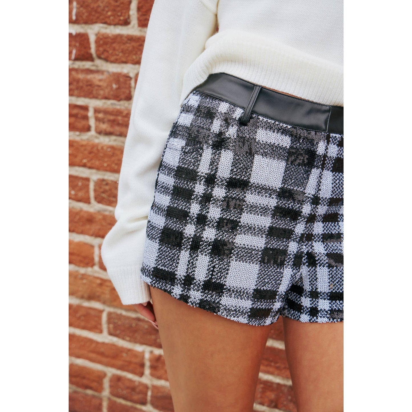 SEQUIN PLAID SHORTS WITH FAUX LEATHER WAISTBAND