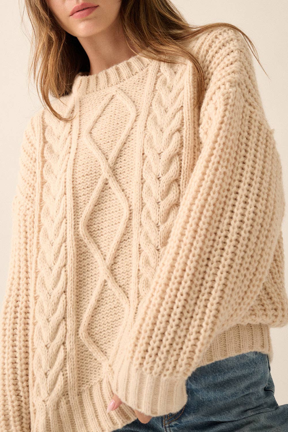 Solid Cable Knit Loose-Fit Sweater