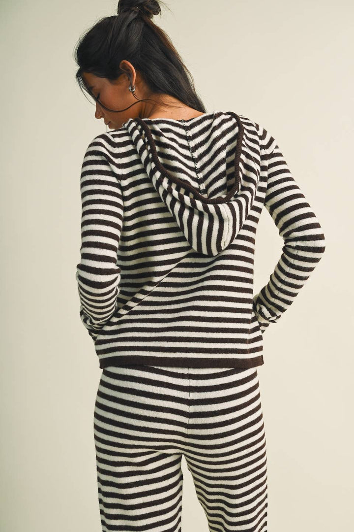Striped Relaxed Zip Up Knit Sweater Hoodie: Choco Pink Stripe