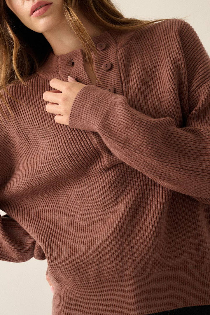 Solid Rib Knit Low Cut Collar Button Up Sweater: Cocoa