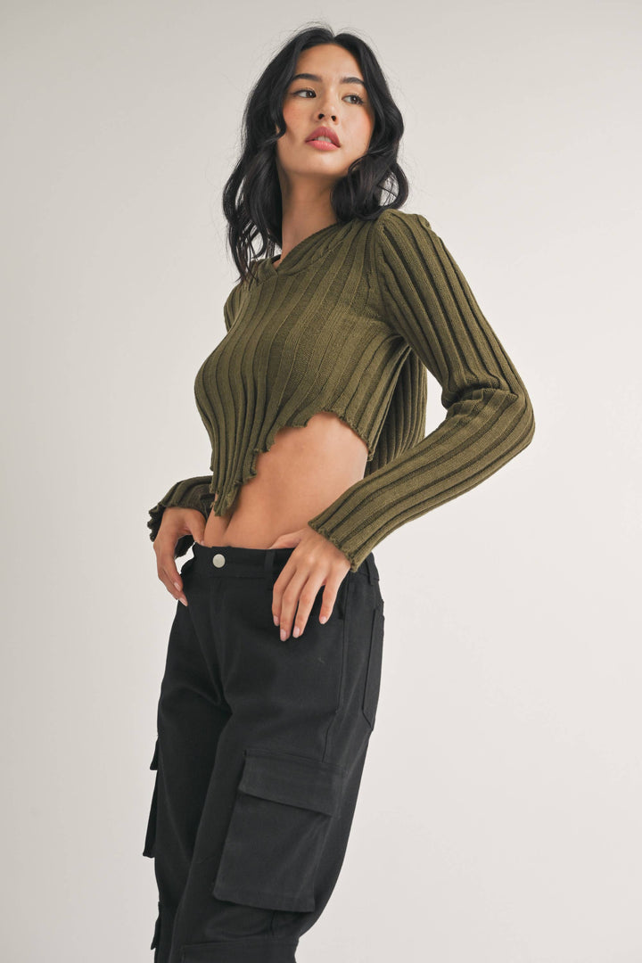 HOODED SWEATER KNIT CROP TOP WITH ASYMMETRICAL HEM