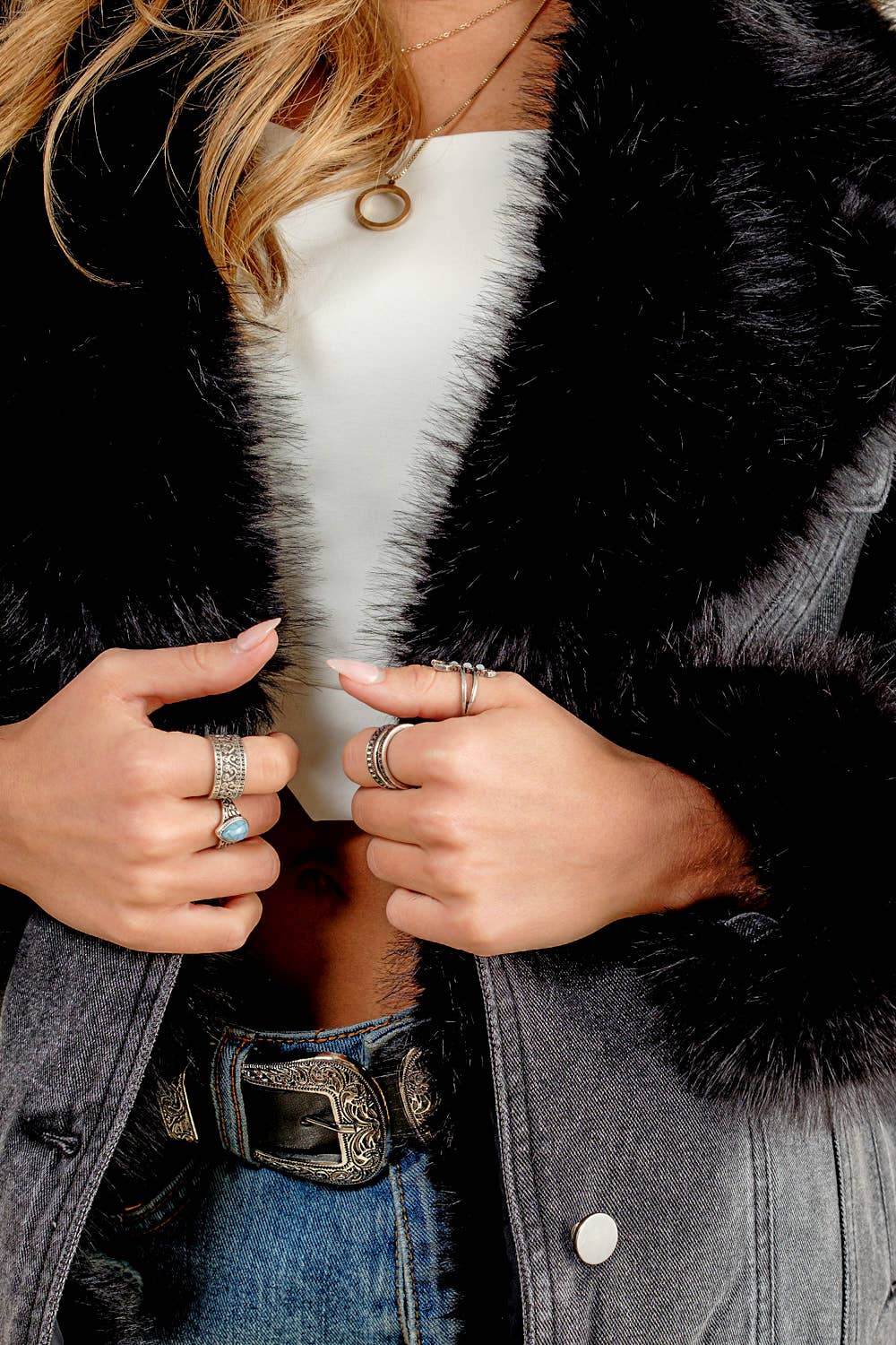 Fur Collard Cuff Oversized Denim Jacket