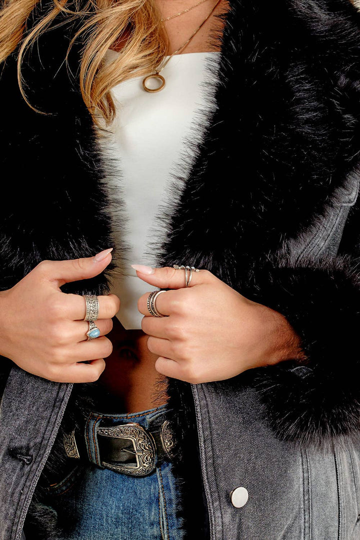 Fur Collard Cuff Oversized Denim Jacket