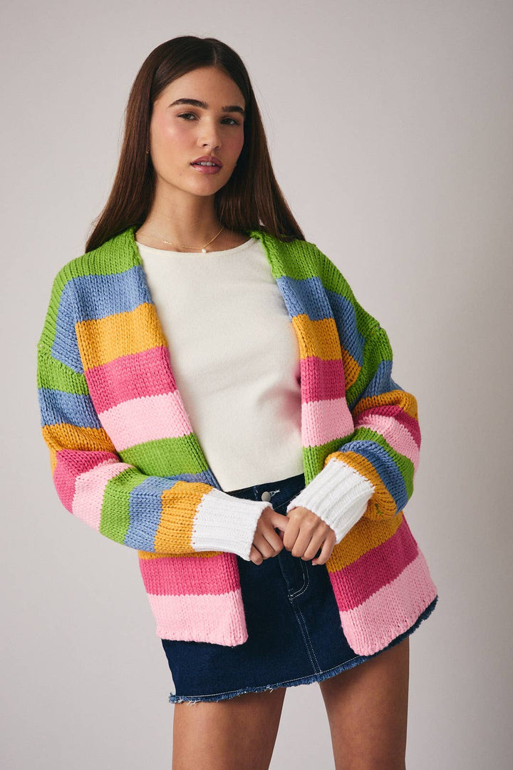 MULTI COLORED STRIPE CHUNKY SWEATER CARDIGAN