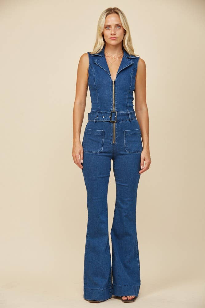 SLEEVELESS LONG DENIM BELTED JUMPSUIT