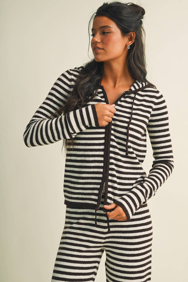 Striped Relaxed Zip Up Knit Sweater Hoodie: Choco Pink Stripe