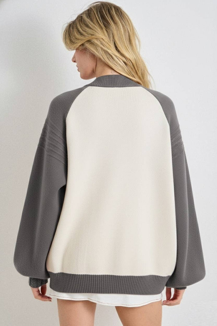 Retro Patch Appliqué Knit Bomber: CREAM/GREY