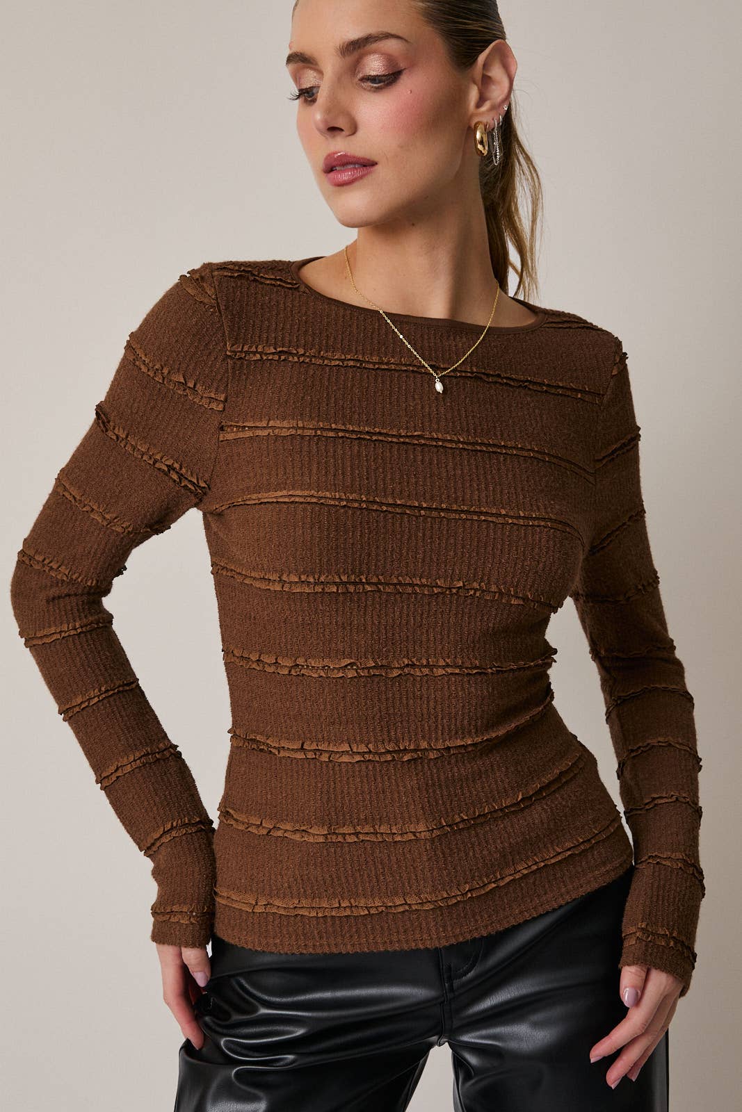 BOAT NECK LONG BELL SLV BRUSHED LACE TOP
