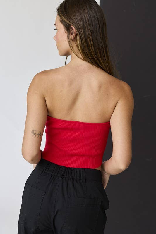 Stella Twist Front Rib Knit Bandeau Top: Red / L