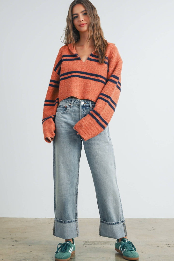 STRIPE CROP COLLAR SWEATER TOP