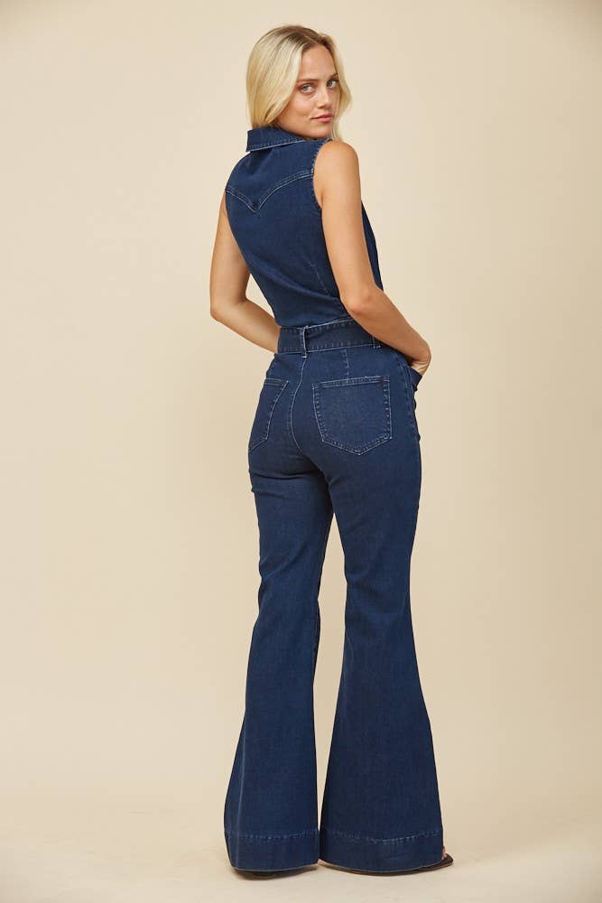 WISTERIA LANE - SLEEVELESS LONG DENIM BELTED JUMPSUIT - 4436 LIGHT DEN (Copy): MID DENIM / M