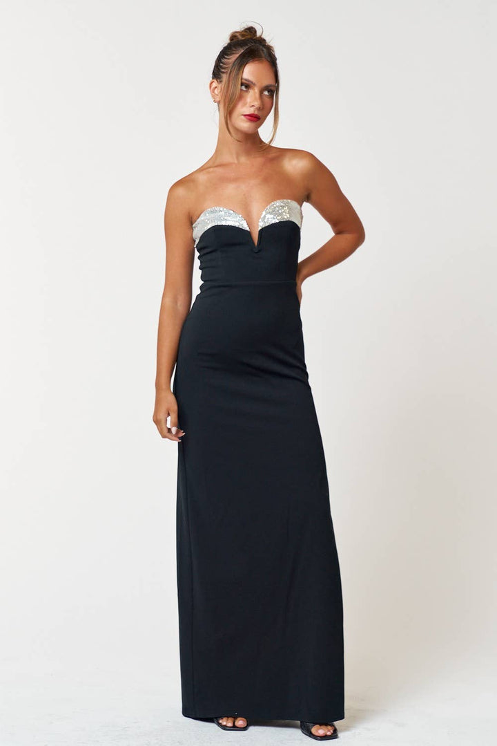 CREPE KNIT SEQUIN NECK TUBE MAXI DRESS