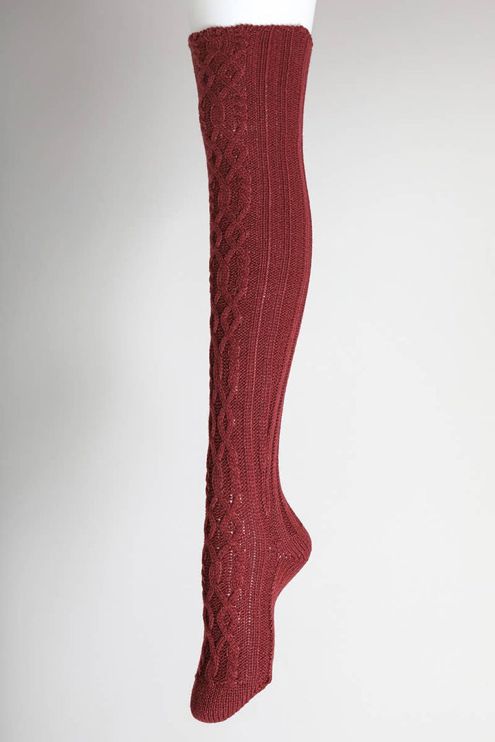 Bold & Cozy Thigh-High Cable Knit Socks for Trendy Winters: Burgundy