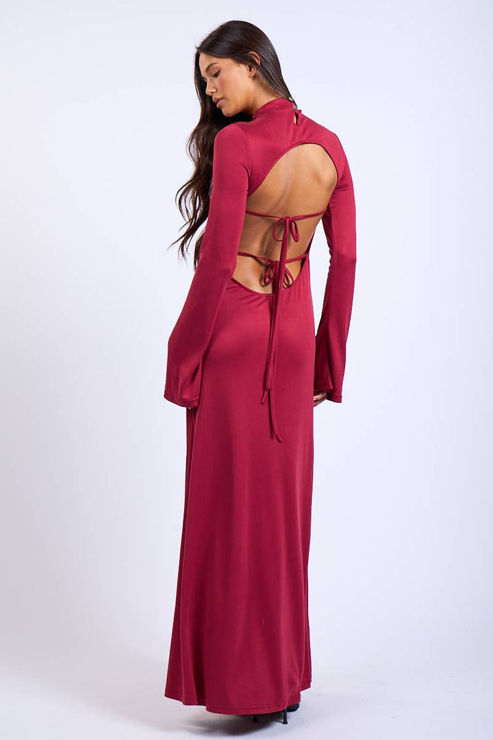 SOLID LONG SLEEVE OPEN BACK DOUBLE TIES MAXI DRESS ( Valentines)