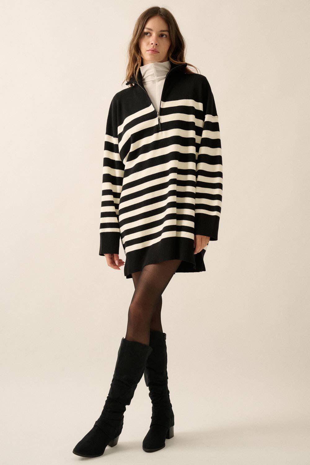 Striped Knit Collared Half-Zip Mini Sweater Dress: Cocoa-Oatmeal