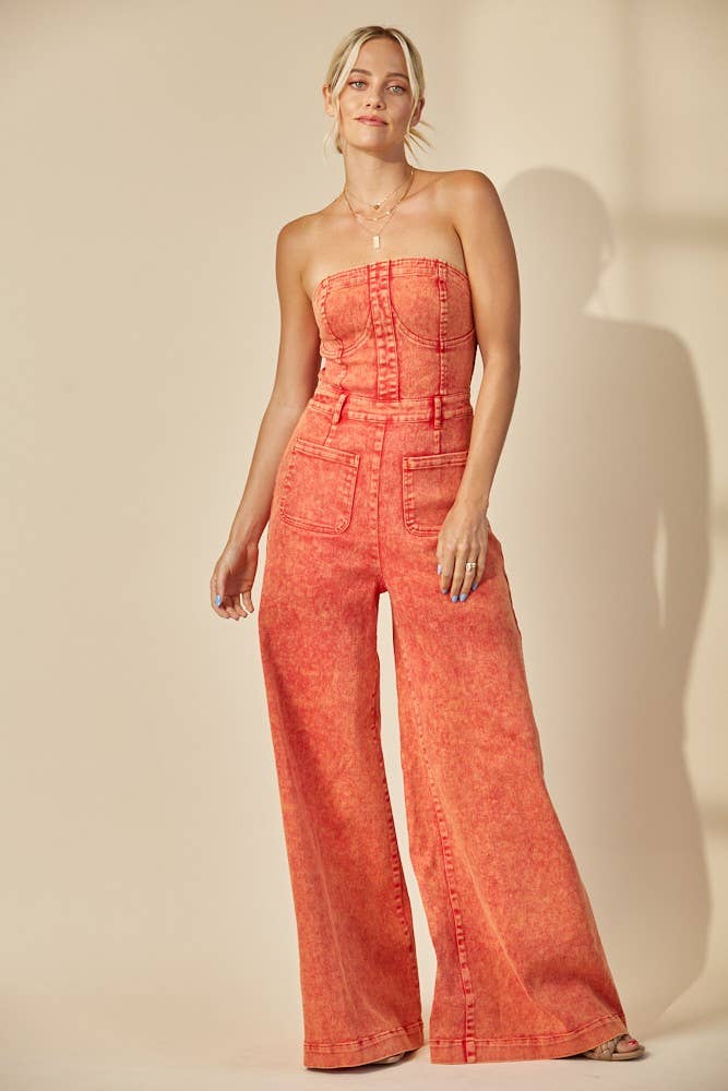 BOHO MINERAL WASH WIDE LEG DENIM JUMPSUIT