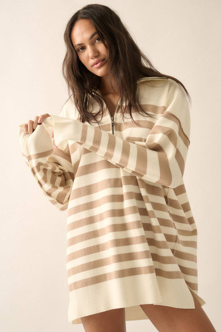 Striped Knit Collared Half-Zip Mini Sweater Dress: Cocoa-Oatmeal