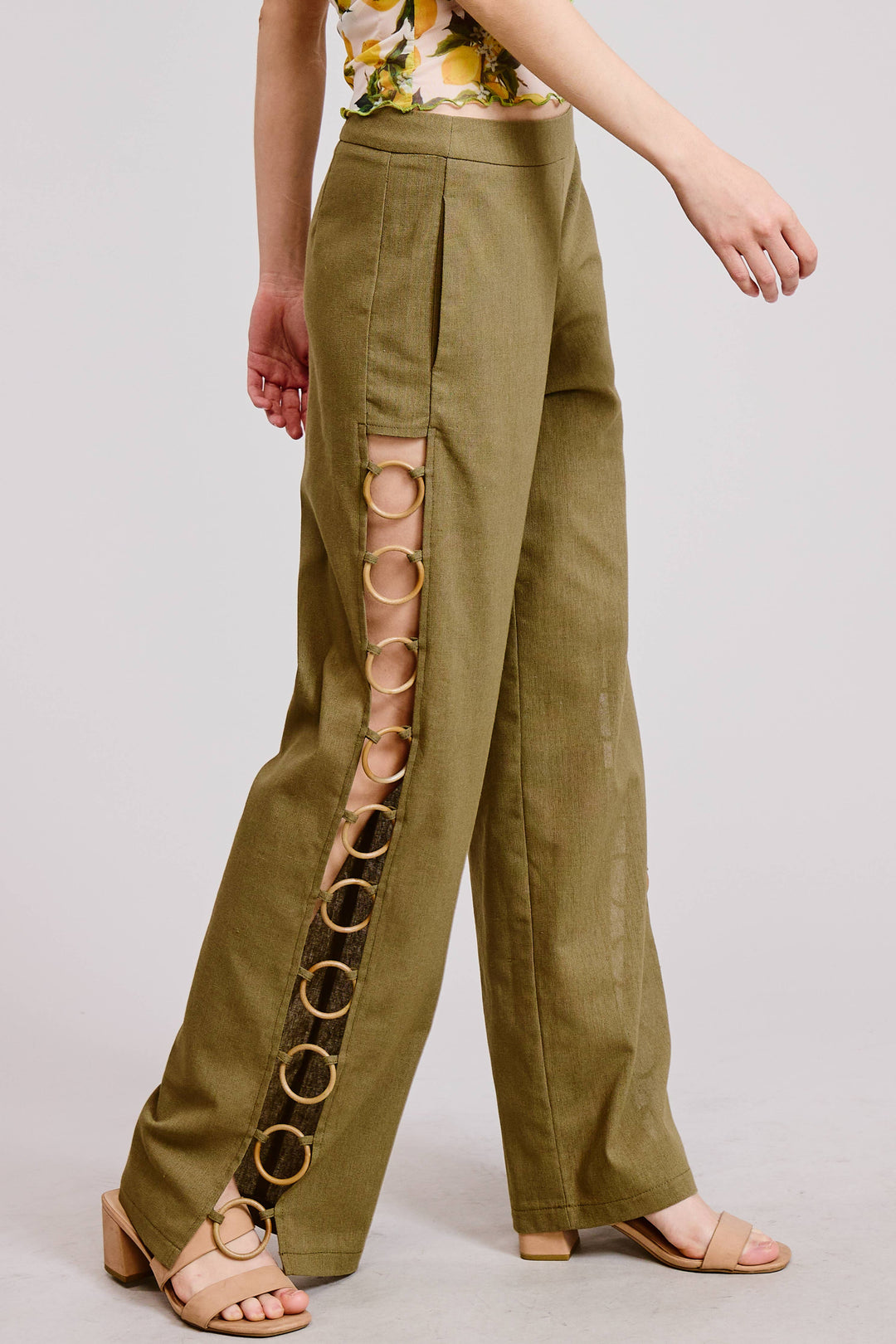 Linen Wide Leg Pants with Wooden Ring Accents