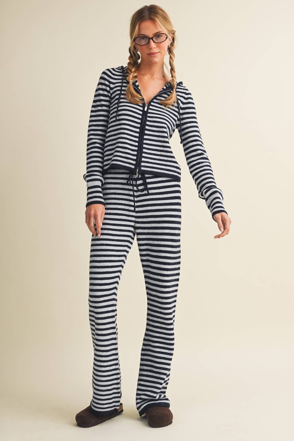 Striped Relaxed Zip Up Knit Sweater Hoodie: Choco Pink Stripe