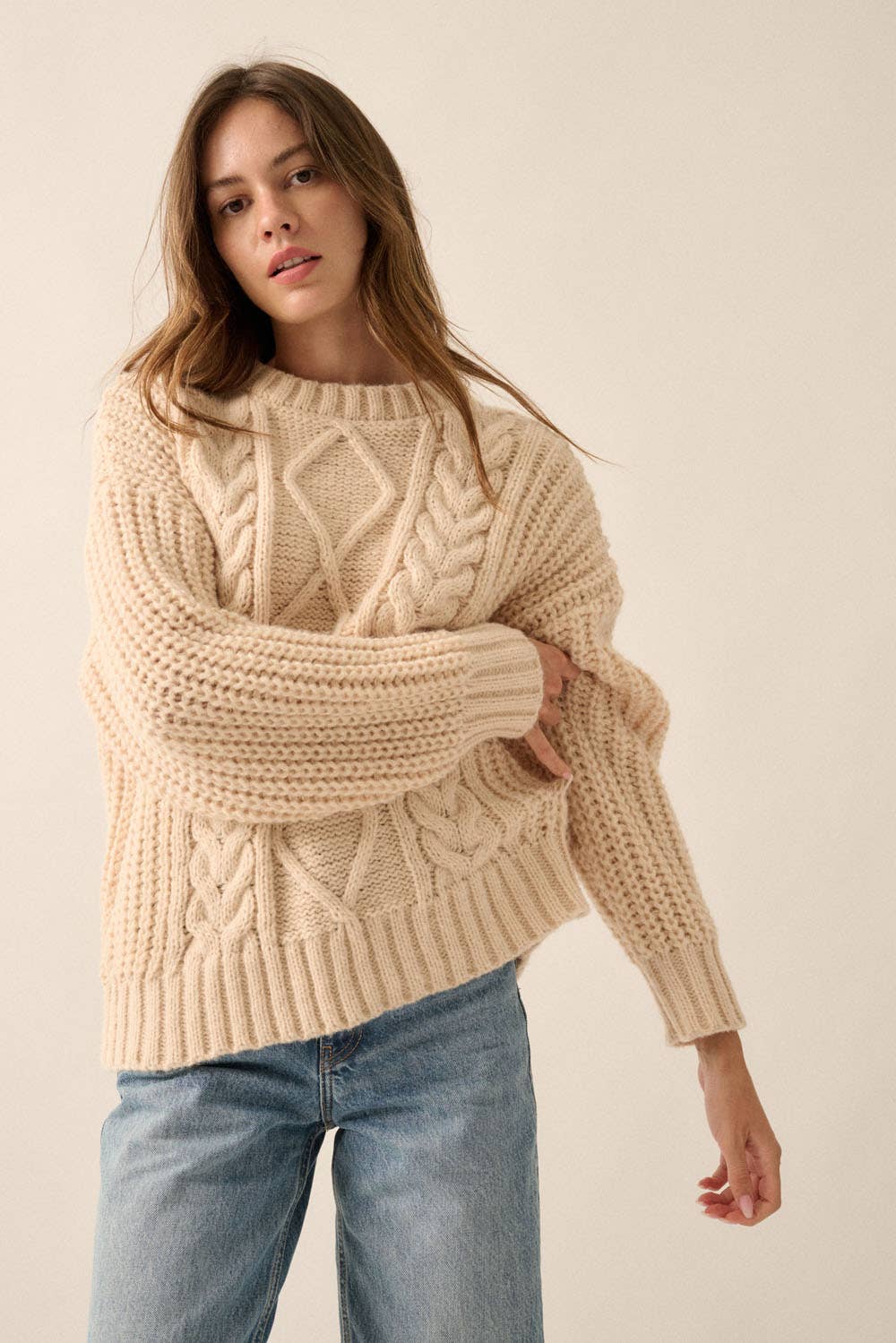 Solid Cable Knit Loose-Fit Sweater