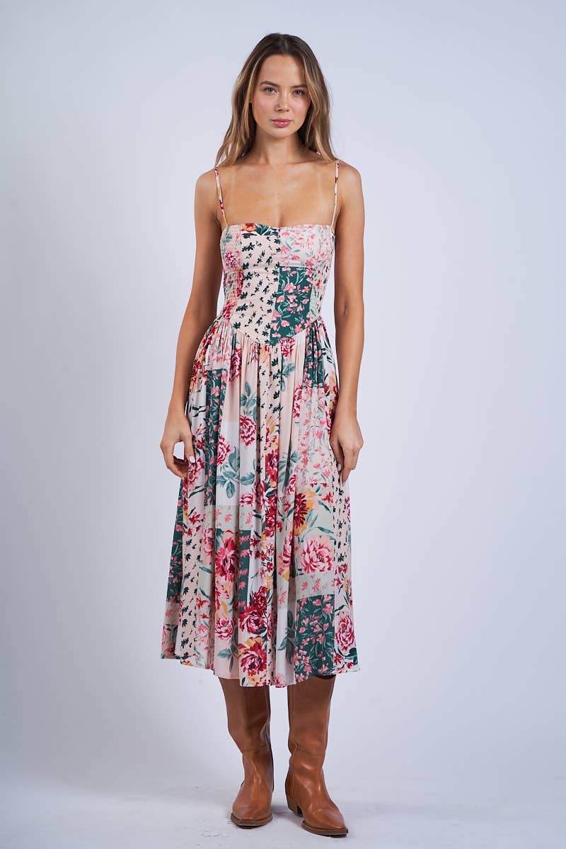 FLORAL PATCH PRINT SLEEVELESS SMOCKED MIDI DRESS