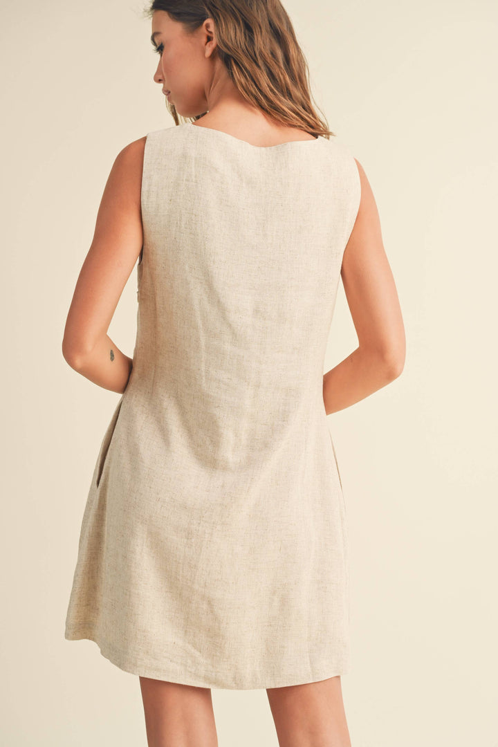 LINEN SQUARE NECK PATTERN MINI DRESS