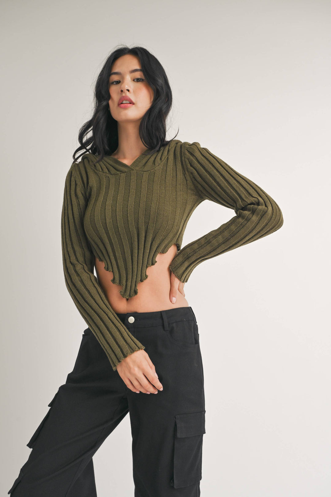 HOODED SWEATER KNIT CROP TOP WITH ASYMMETRICAL HEM