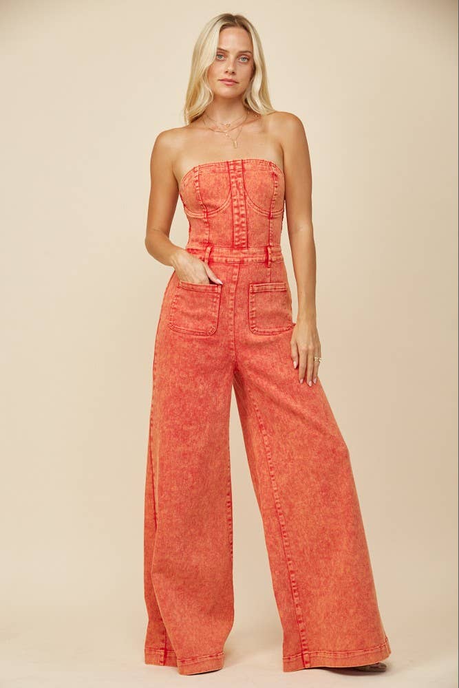 BOHO MINERAL WASH WIDE LEG DENIM JUMPSUIT