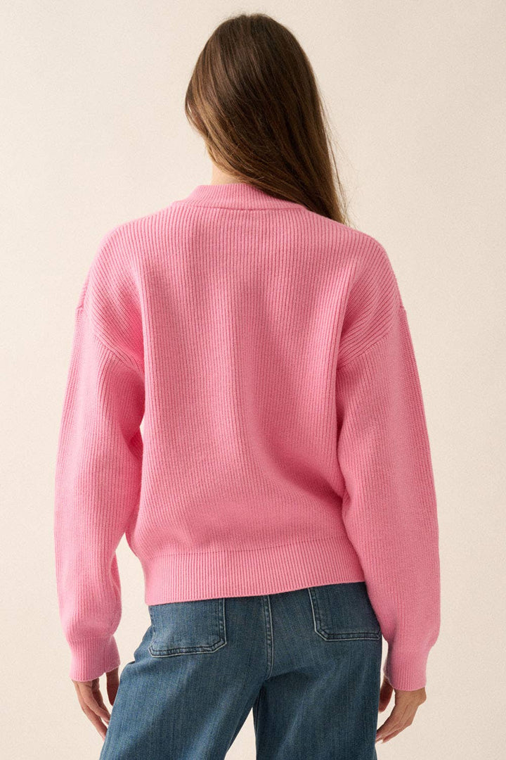 Solid Rib Knit Low Cut Collar Button Up Sweater: Cocoa