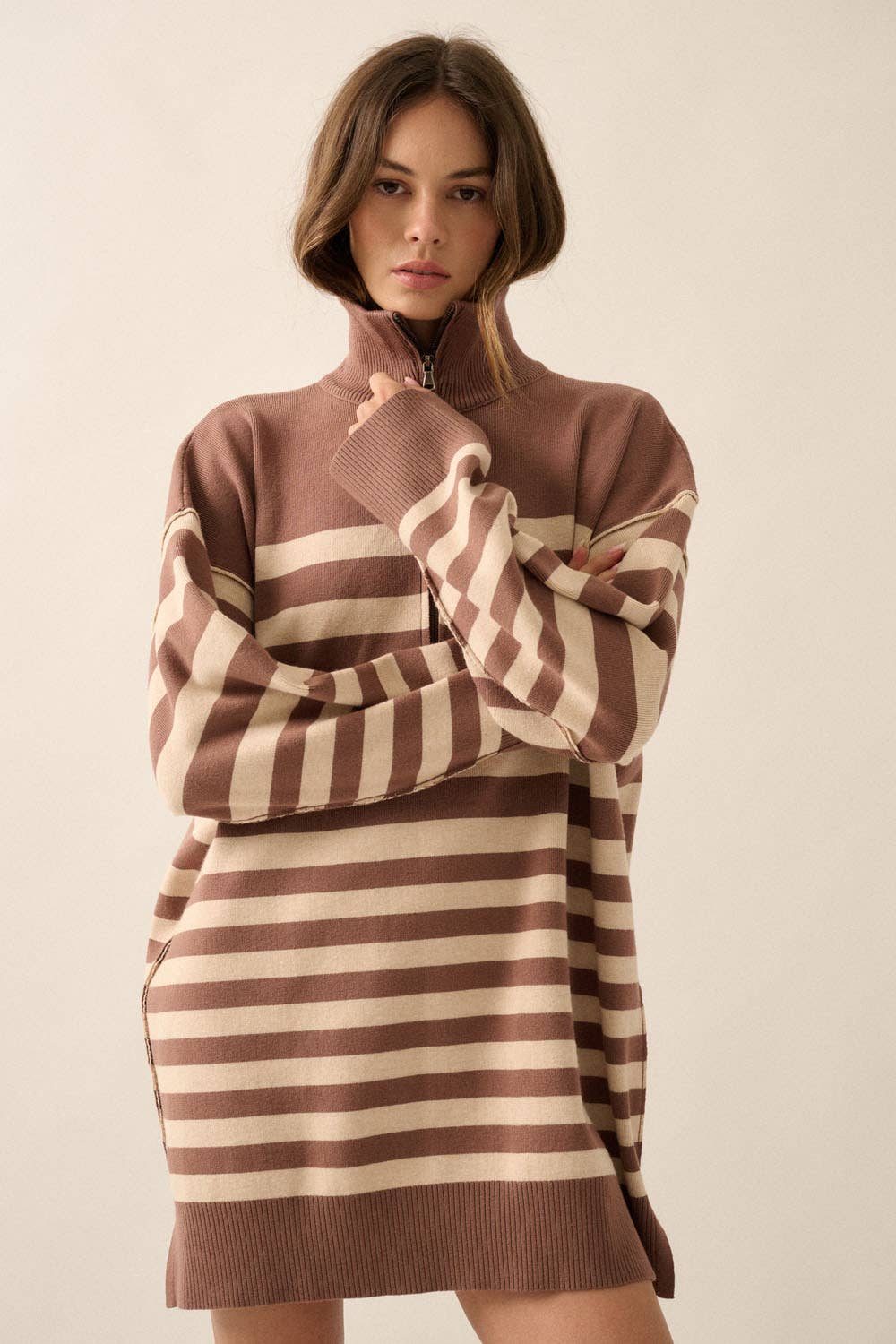 Striped Knit Collared Half-Zip Mini Sweater Dress: Cocoa-Oatmeal