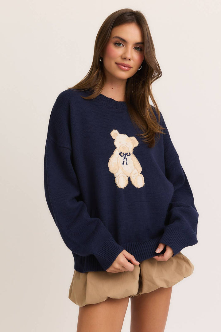 LONG SLEEVE CREW NECK TEDDY BEAR GRAPHIC SWEATER