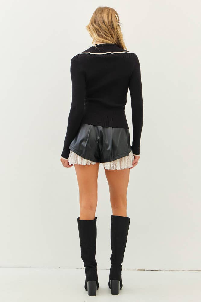 PLEATED FAUX LEATHER SHORTS WITH RUFFLED LACE HEM