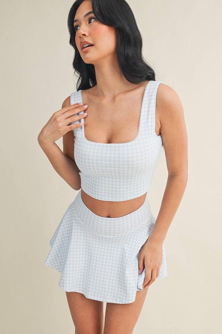Gingham Print Crop Tank with Lace Trim