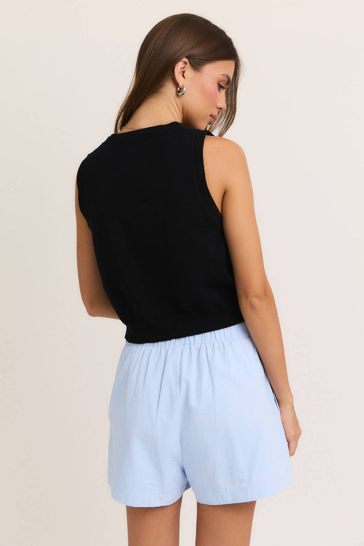 SLEEVELESS V-NECK BOW EMBO CROPPED SWEATER VEST